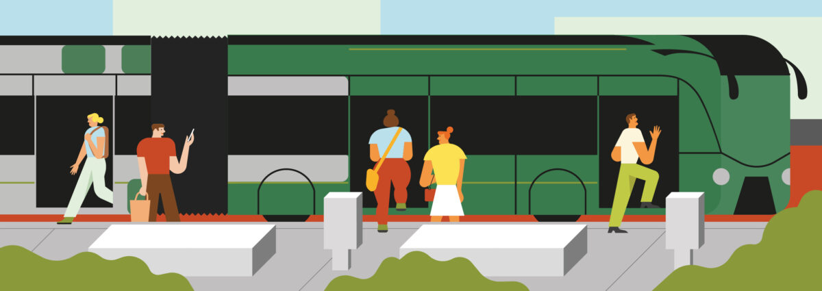 Illustration of various people entering and exiting the VIA Rapid vehicle