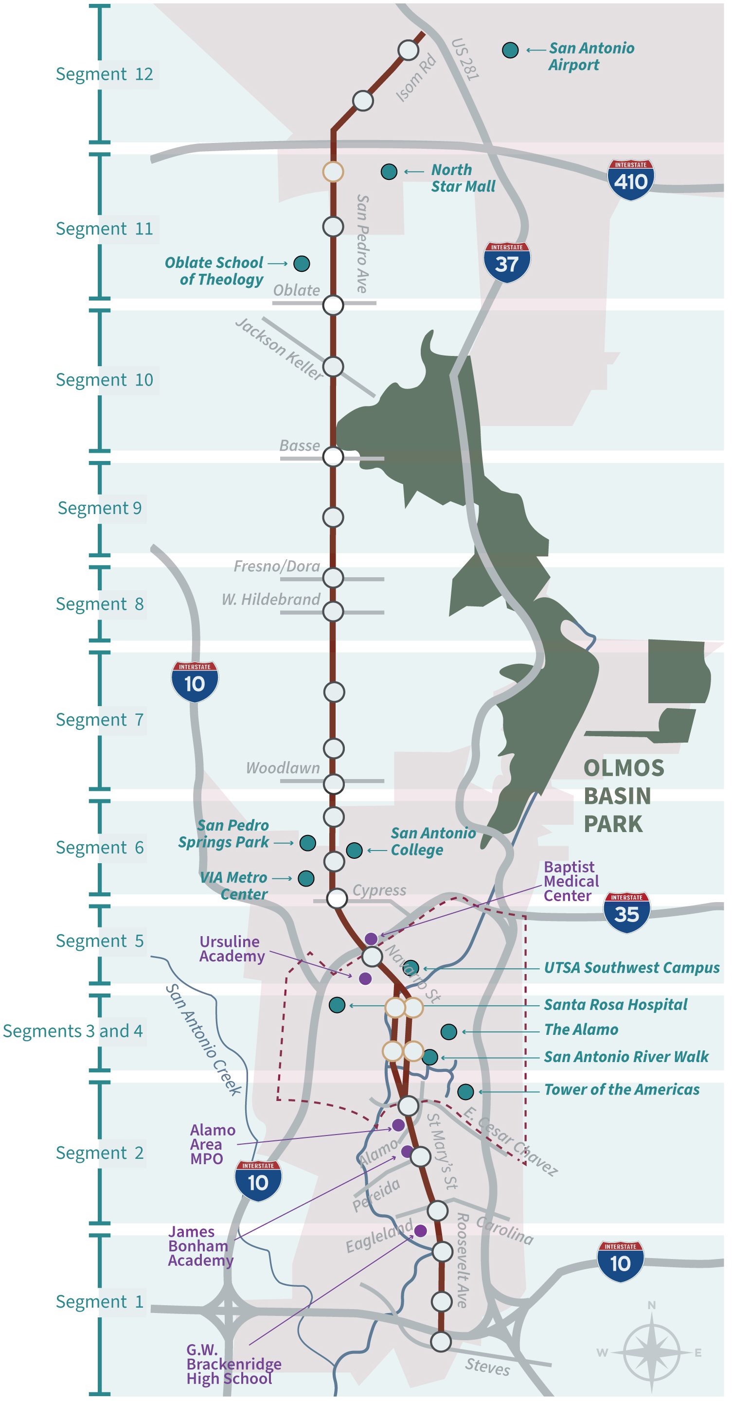 VIA Rapid Green Line corridor map showing construction segments 1 through 12. Select a segment for closure details.